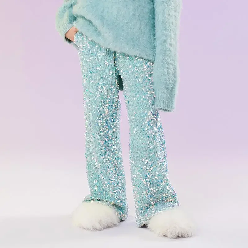 Teens Kid Girls Hip Hop Pants Jazz Dance Costumes Child Shiny Metallic Bronzing Cloth Flare Pants for Dancing Performance Party