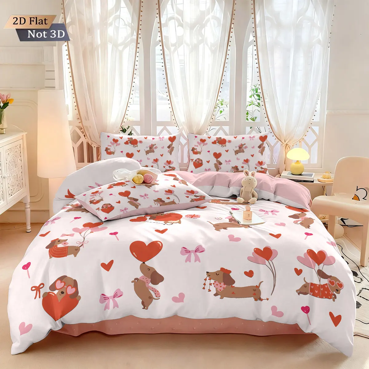 3pcs Romantic Valentine's Day Pink Love Sausage Dog Printed Chipless Quilt Set Multi Size Bedroom Bedding Festival Decoration