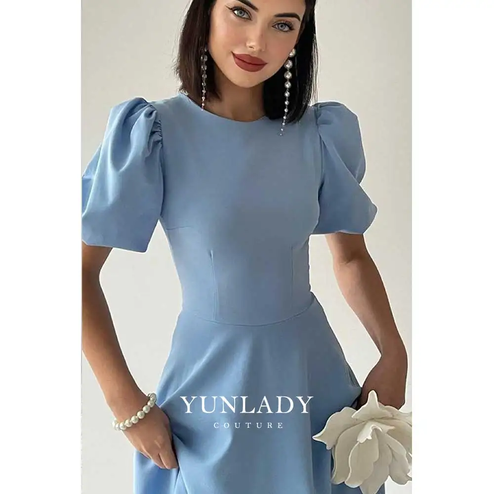 YUNLAN Temperament Light Blue A-Line Round Neck Dress 2024 Dubai Lady Important Occasion Dress Muslim Birthday Party Dress