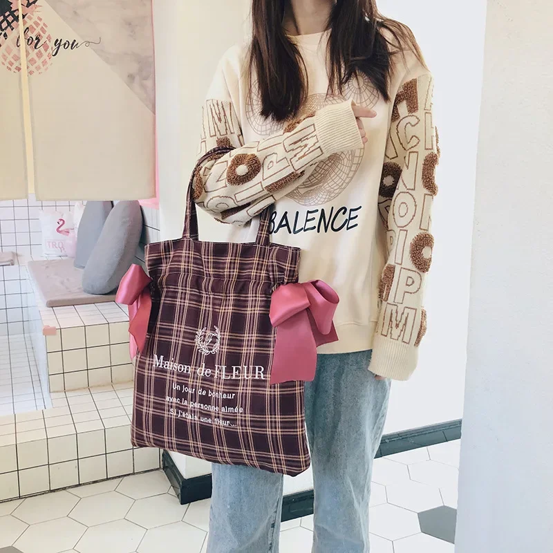 Plaid Women Simple Shoulder Bag Soft Cloth Fabric Handbag Large Capacity Cotton Tote Bow Canvas Bags For Pretty Young Girl