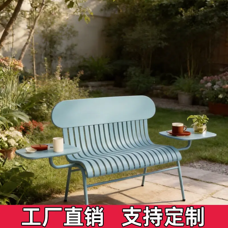 Outdoor wrought iron double bench creative leisure  with double side tray balcony courtyard terrace Internet celebrity phot