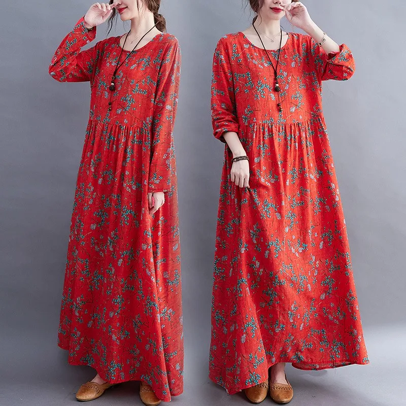 Ele العرقية طباعة طويلة الدكتور فضفاض المناسب المرأة حجم كبير ربيع الخريف جديد Sle المتدفقة رداء Sle ثوب القطن