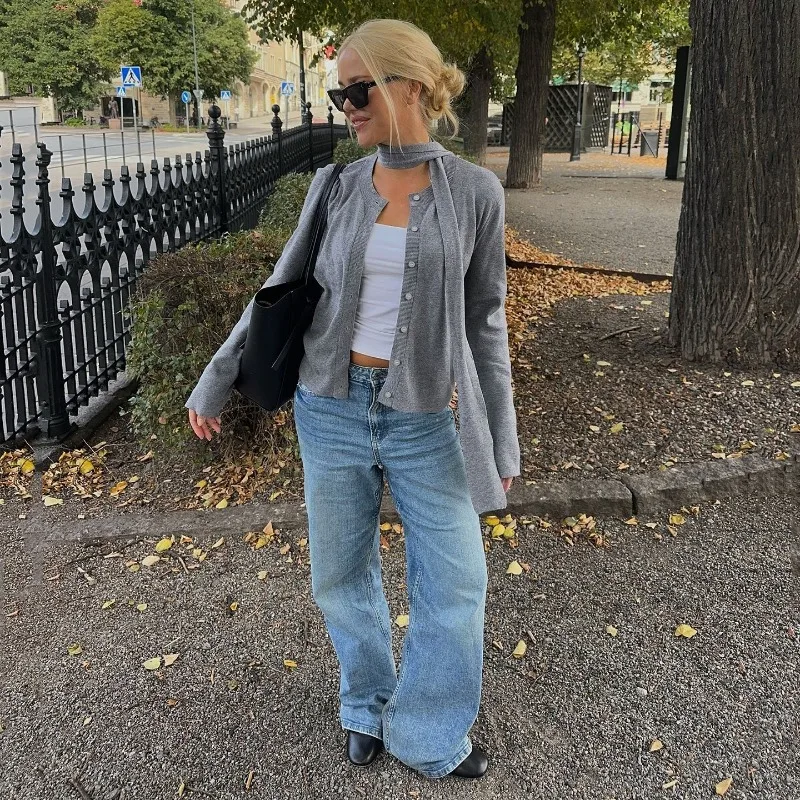 Tuularose femmes gris Cardigan mode solide écharpe décontractée mince simple bouton chandails haut nouveau basique bureau dame vêtements d'extérieur pour femmes