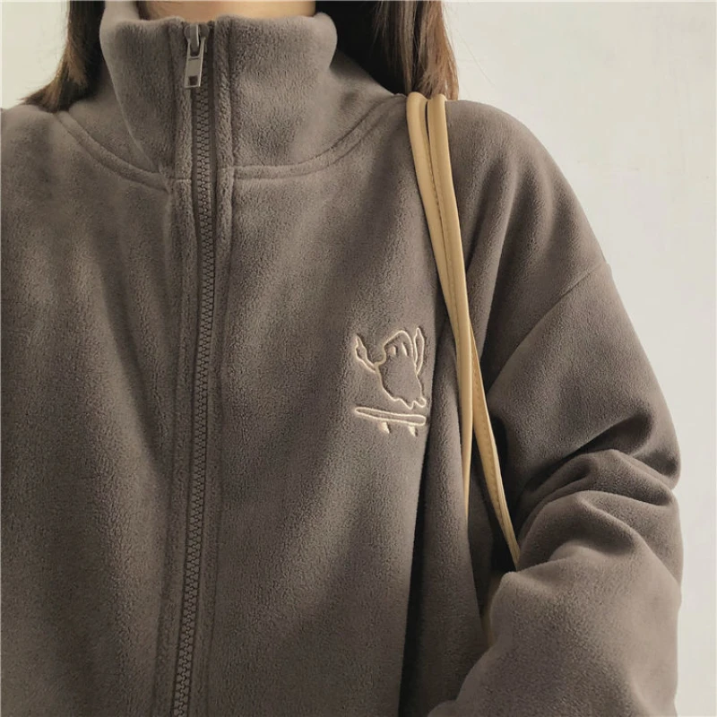 Women Embroidery Zip Up Hoodie Fleece Jacket Thick Warm Winter Plush Zipper Sweatshirt Outwear Hoodies Tops Clothes