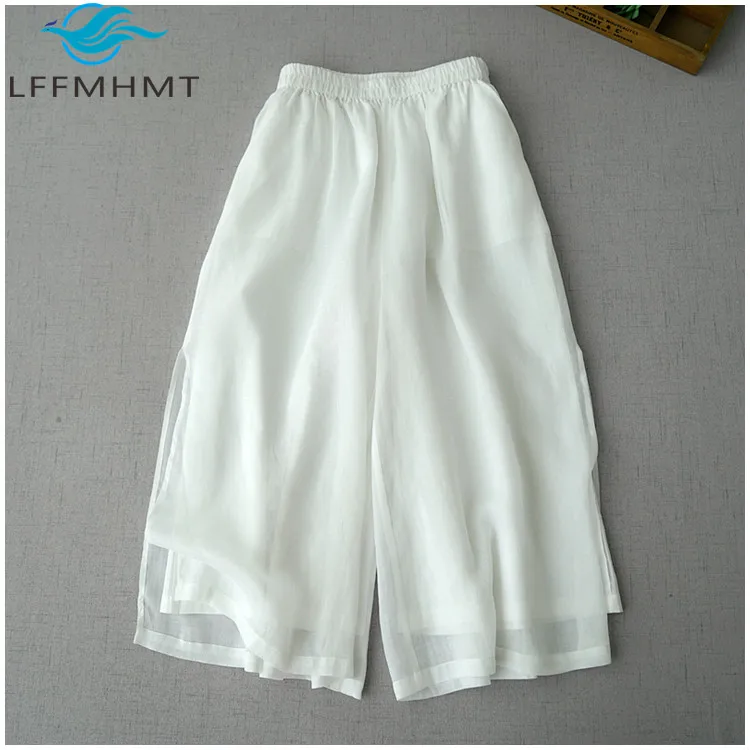 Thin Breathable Literary Style Double Layer Wide Leg Casual Capri Trouser for Women Summer New Fashion Elastic Waist Skirt Pants