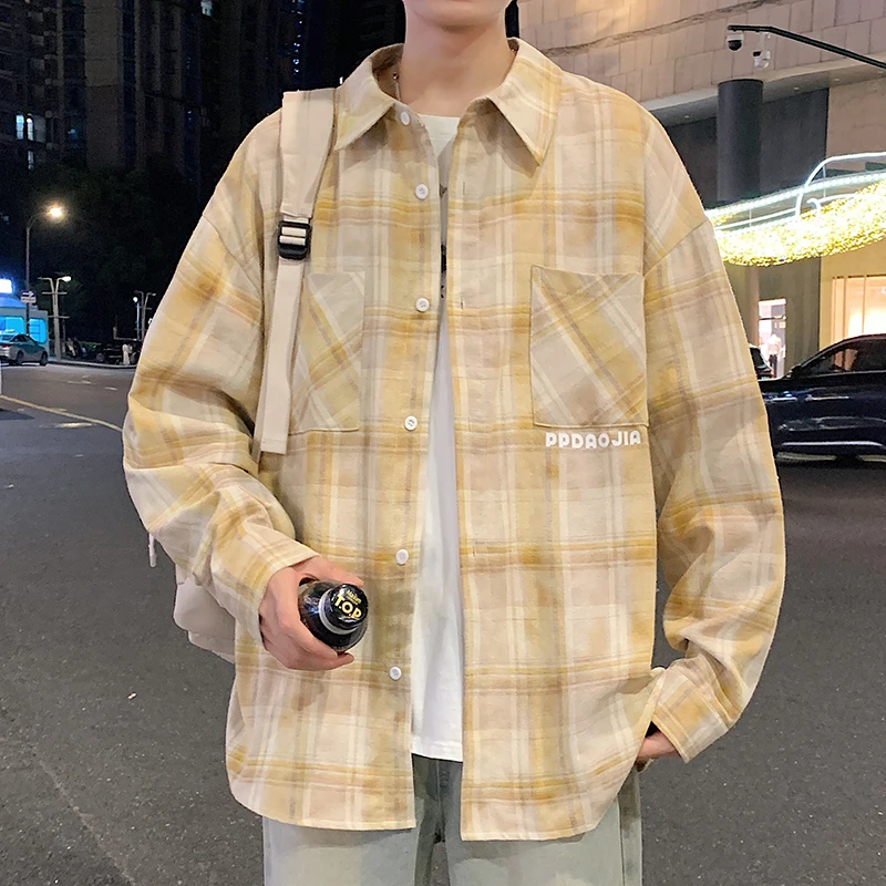 2025 Spring and Autumn New Blue Plaid Men's Long Sleeve Shirt American Style Youth Loose High-end Casual Yellow Shirt