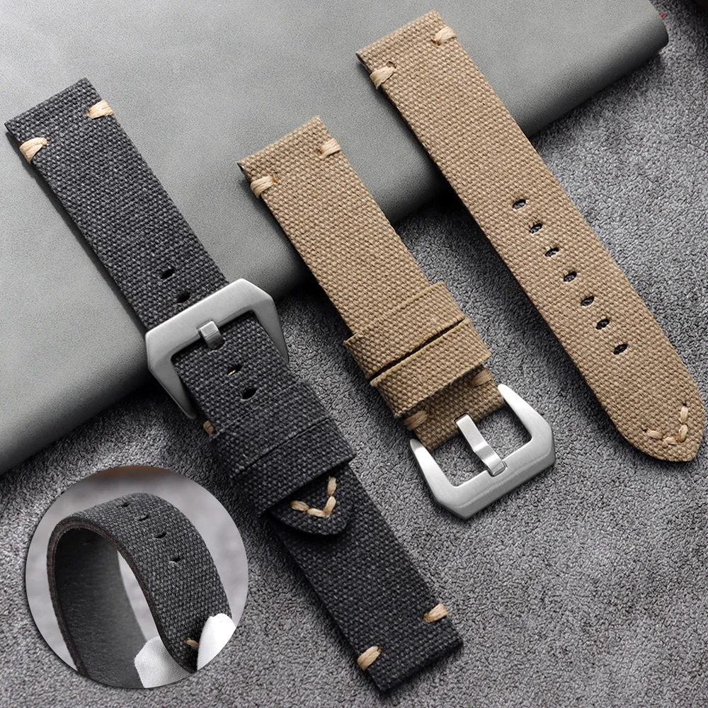 

Sailcloth Watch Strap 24mm 22mm Canvas Leather Watch Band Nylon Wristband Khaki Brown Black Business Women Men Universal Belt