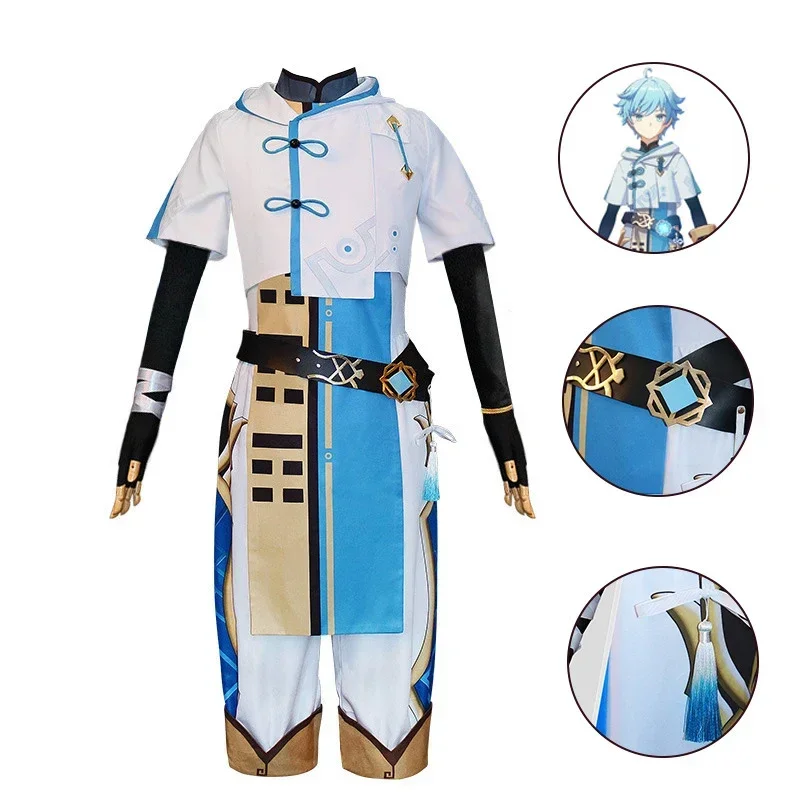 Chongyun Cosplay Fato Uniforme para Homens e Mulheres, Game Genshin Impact, Roupa Chong Yun, Peruca Festa de Halloween, Ternos Extravagantes