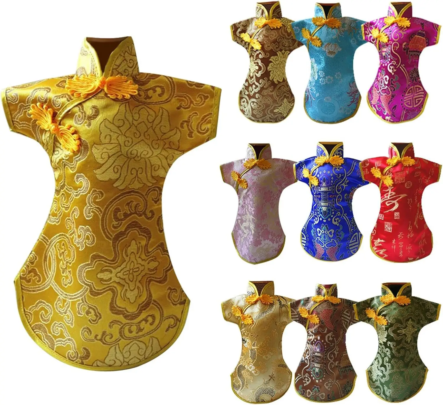 

10pcs Chinese Brocade Dress Wine Bottle Covers, Cheongsam Wine Bottle Gifts Bags, China Dress Champagne Bags for Party Wedding C