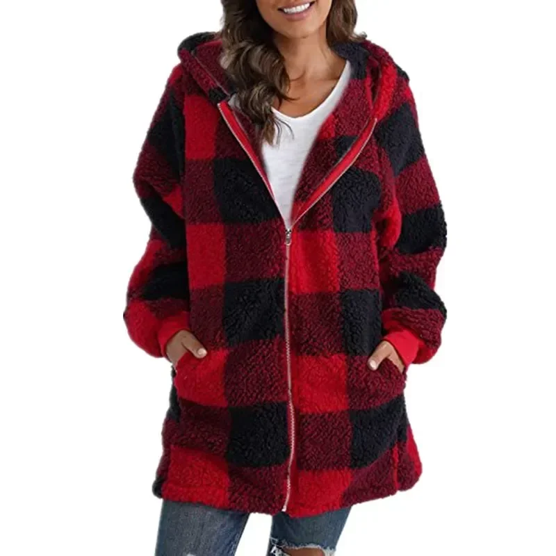 Womens Polar Fleece Long Sleeve Coat Fashion Plaid Casual Loose Pocket Zip Hooded Pullover Jacket Office Commuter Street Outwear