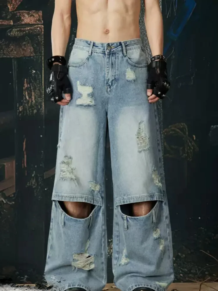 

New Style Punk Hole Design High Quality Washing Distressed Loose Jeans For Man Straight Fashionable Hollow Out Cargo Pants