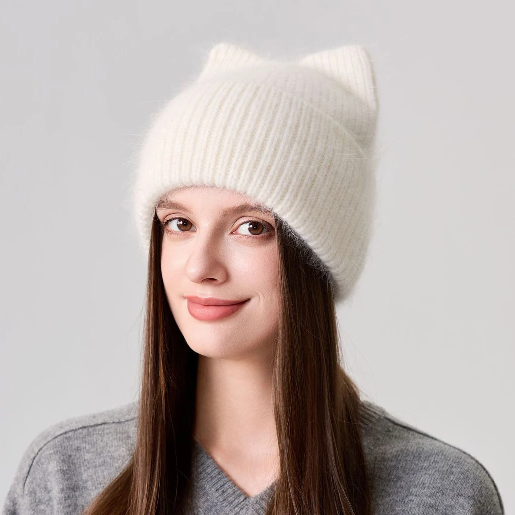 2026 New Cat Ear Knitted Hat Women's Winter Real Rabbit Fur Pullover Hat Beanie Sweet Warm Ear Protection Hat Skiing Russian Hat