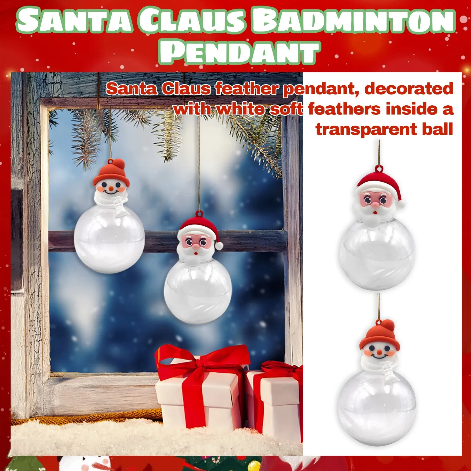 2024 New Santa Claus Plastic Ball Pendant Snowman Pendant Christmas Tree Decoration Feather Cute Cartoon Christmas Gift