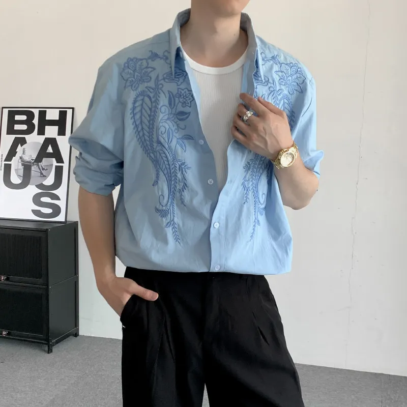 

Blue Striped Long Sleeve Shirt Zhang Jie Concert Performance Outfit Embroidered Trendy Brand Casual Style Polyester Fiber