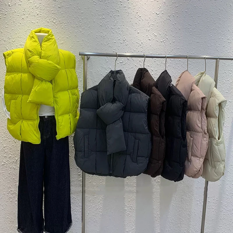 

Autumn Winter Scarf Puff Stand Collar Down Vest Women White Duck Down Fluffy Warm Vest Female Zipper Thicken Waistcoat Outwears