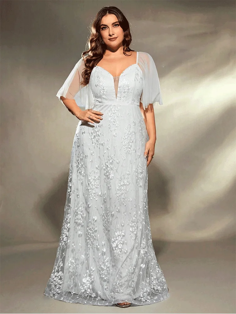 Plus Size Wedding White Short Sleeve Bridesmaid Embroidered Evening Dress 4xl 5xl Big Size White Wedding Evening Dress