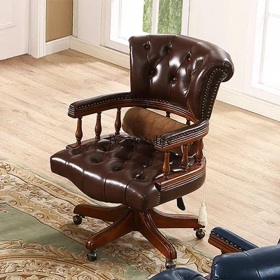 

66.American solid wood book chair leather office computer chair home leisure study class chair lifting retro European style