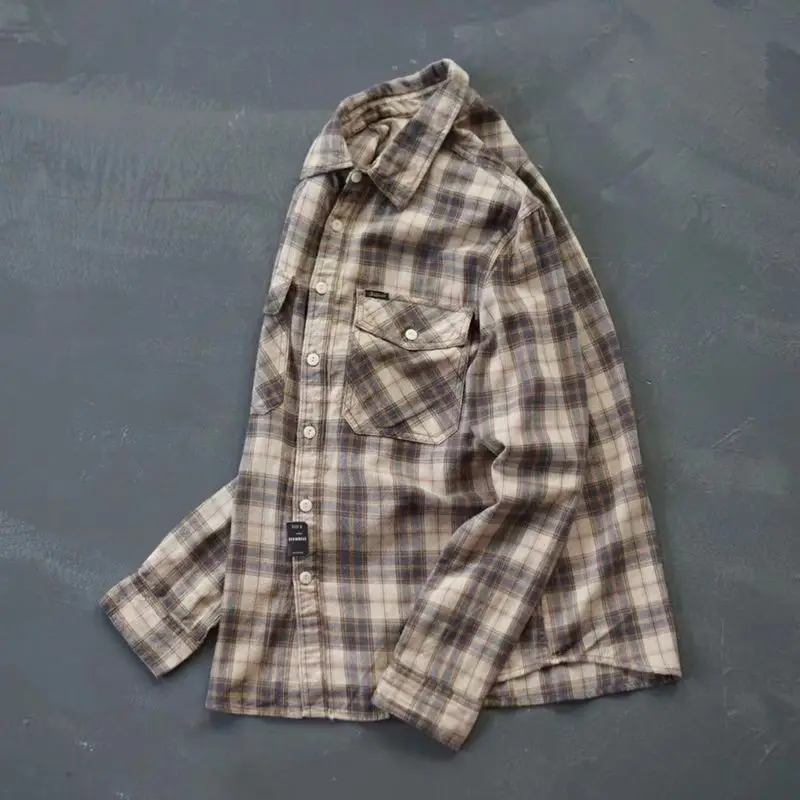 Autumn Plaid Long Sleeve Men's Shirt Fleece Casual Country Style Japanese Retro Artistic Flannel Shirt Youth Popular Loose Fit