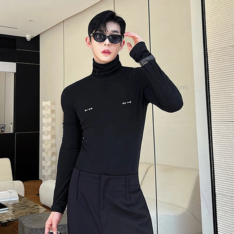 IEFB Slim Male Long Sleeve T-shirts Autumn New Versatile Detachable Breastpin Fashion Niche Design Korean Underlay Tops 9C1590