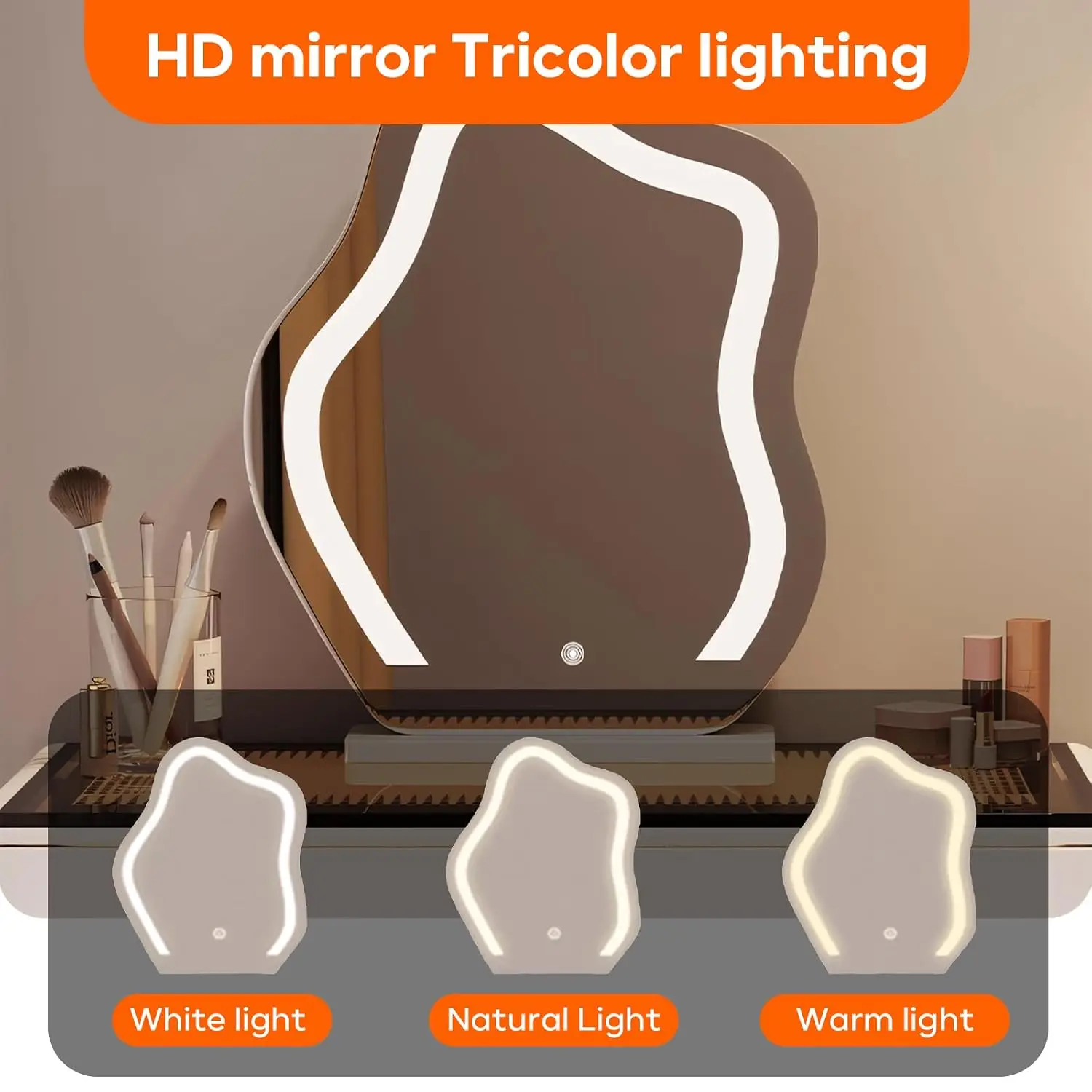 Small Vanity Set, Modern Dressing Table with LED Smart Mirror and Glass Countertop, Luxury Makeup Vanity with Makeup Chair and S