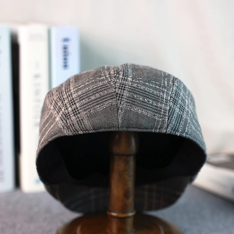 Gray Plaid Newsboy Hat Linen Cotton Womens Mens Ivy Cap Cabbie Driver Hat Spring Autumn Flat Hats Vintage Gatsby Beret A-33