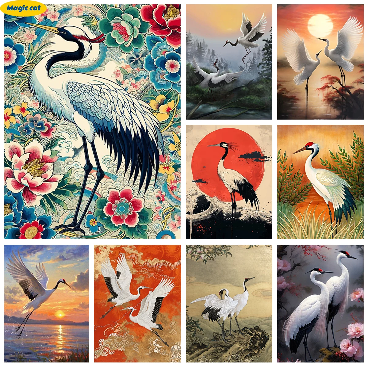 

Japanese Crane DIY AB Diamond Painting Japanese Style Bird Mural Diamond Embroidery Mosaic Home Mural Hand Decor