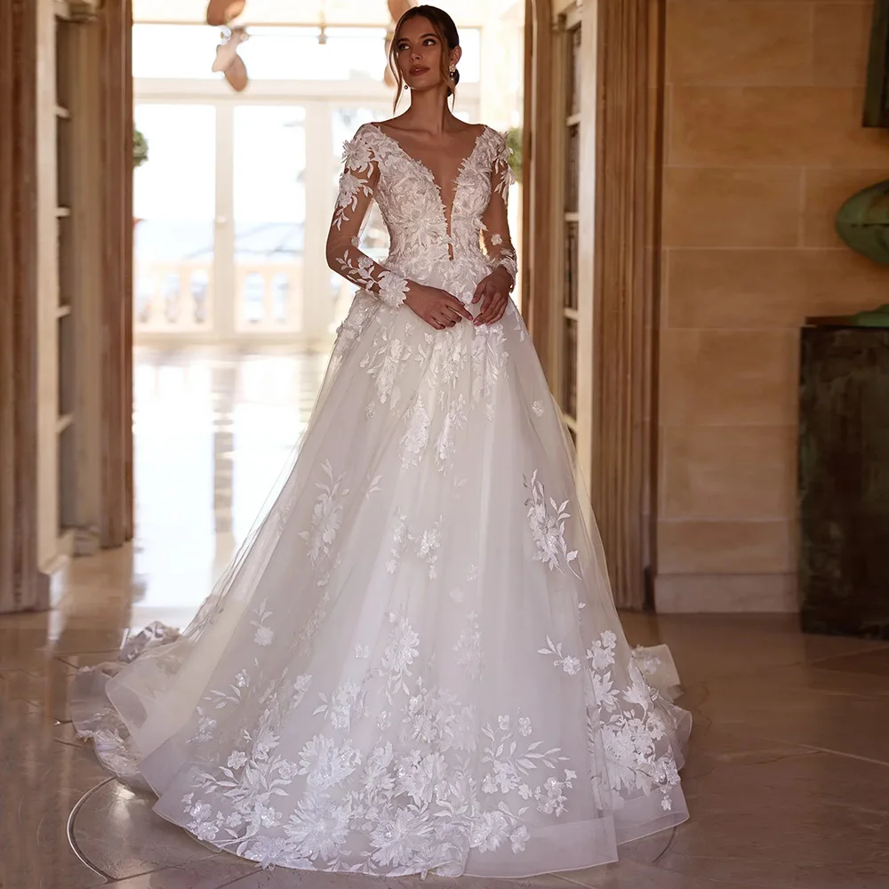 

Gorgeous Wedding Dress with Sequined Applique Customized V Neck Long Sleeves Court Train A Line Bride Gown Bridal Dresses