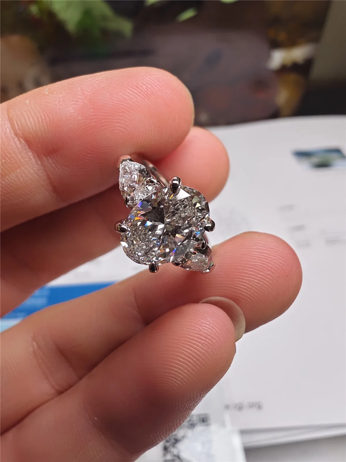 PT950 Platinum Diamond Ring with Lab-Grown 3CT Oval Three-Stone Pear-Shaped Diamond, 14K Gold Wedding Ring, High-End Jewelry Cus view 2