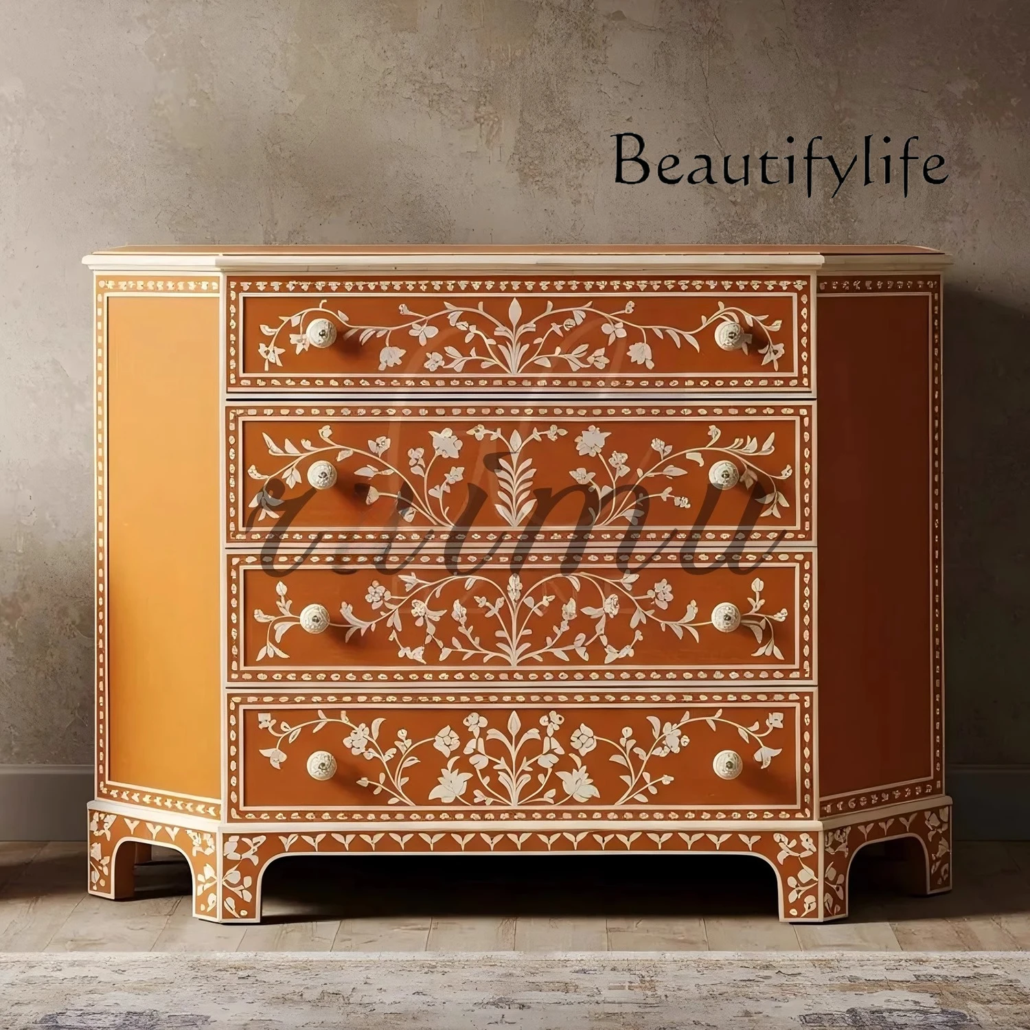 

French antique painted chest cabinet, storage next to the sofa in the American simple solid wood cabinet at end of bed