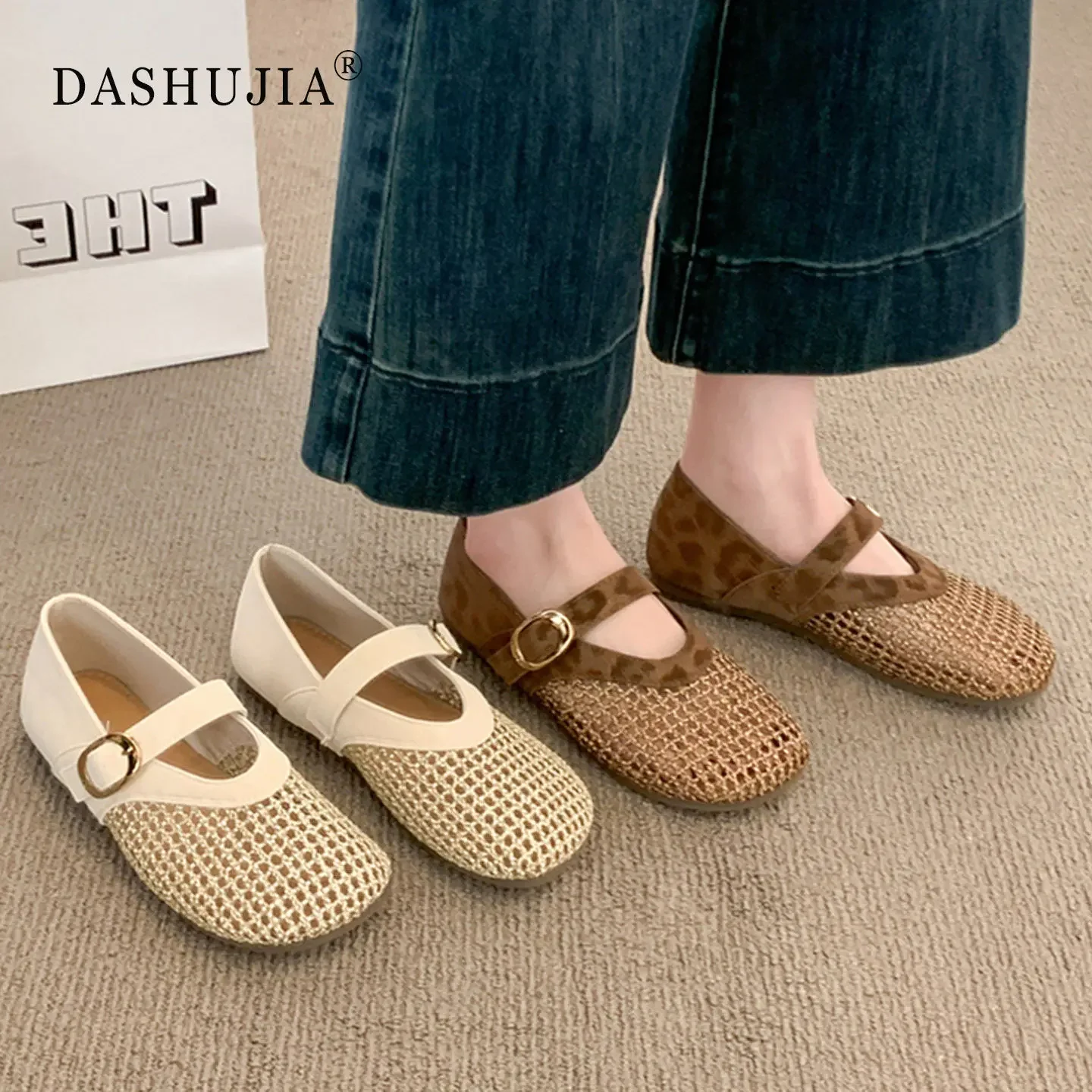 Spring and Summer Women's Round Toe Casual and Comfortable Flat Shoes Mesh Hollow Breathable Leopard Print Trimmed Low-top Shoes