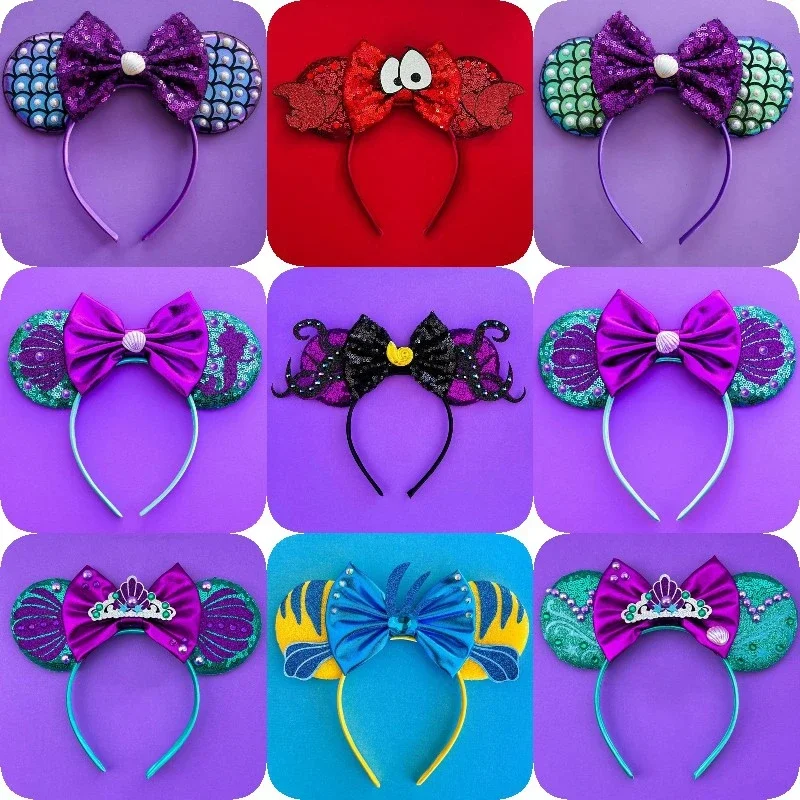 

Disney Little Mermaid Ears Headbands Women Sequins Bow Hairbands Girl Mickey Hair Accessories Kids Princess Ariel Headwear Gifts