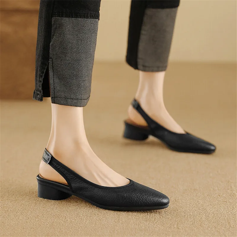 New Genuine Leather Sandals Sheepskin Summer Sandals Cover Toe Low Heel Sandals for Women Chunky Heel Shoes Sandalias De Mujer