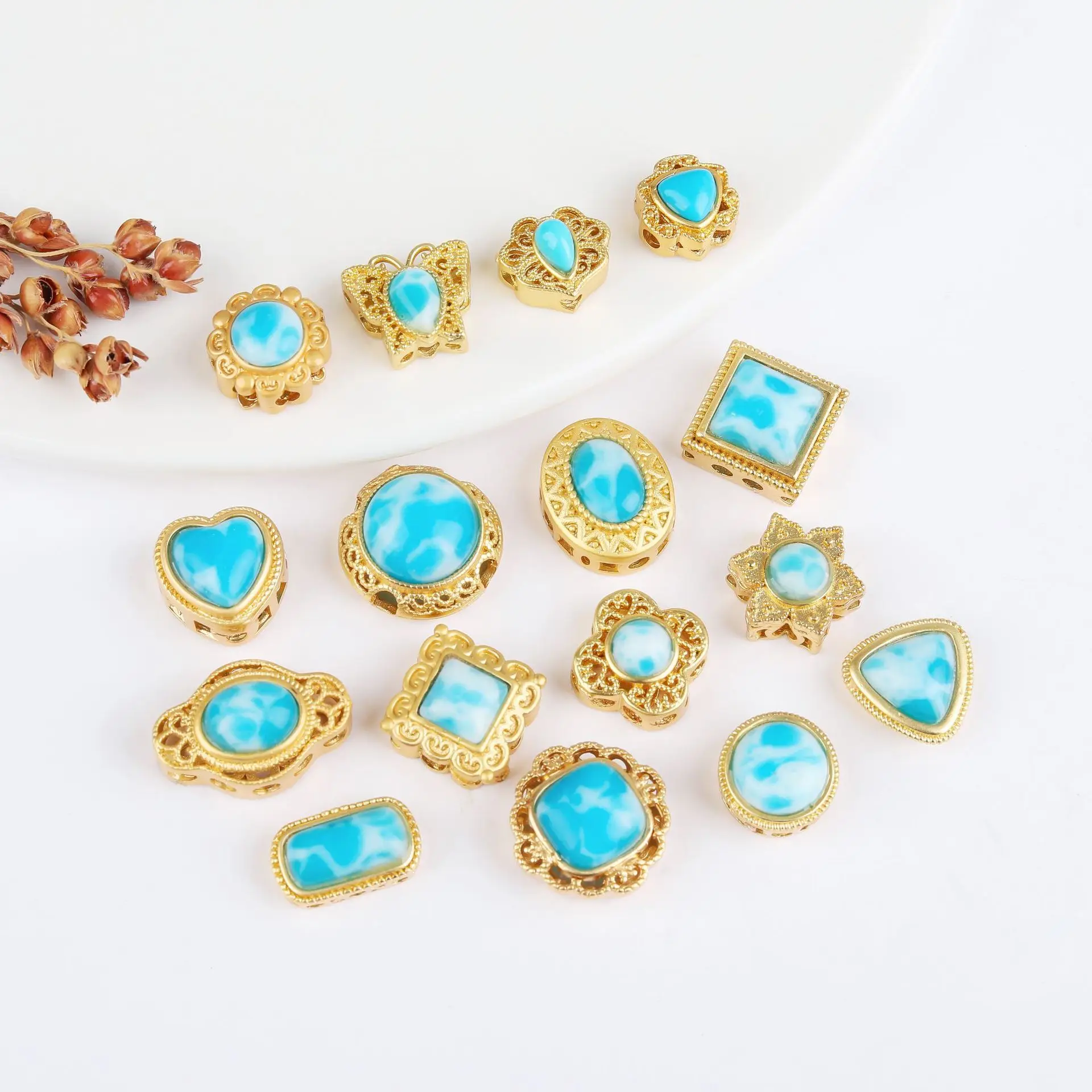 7pcs Copper Gold-plated Multi-pass Ring Inlaid Green Turquoise Spacer Beads Diy Bracelet Necklace Jewelry Accessories Wholesale