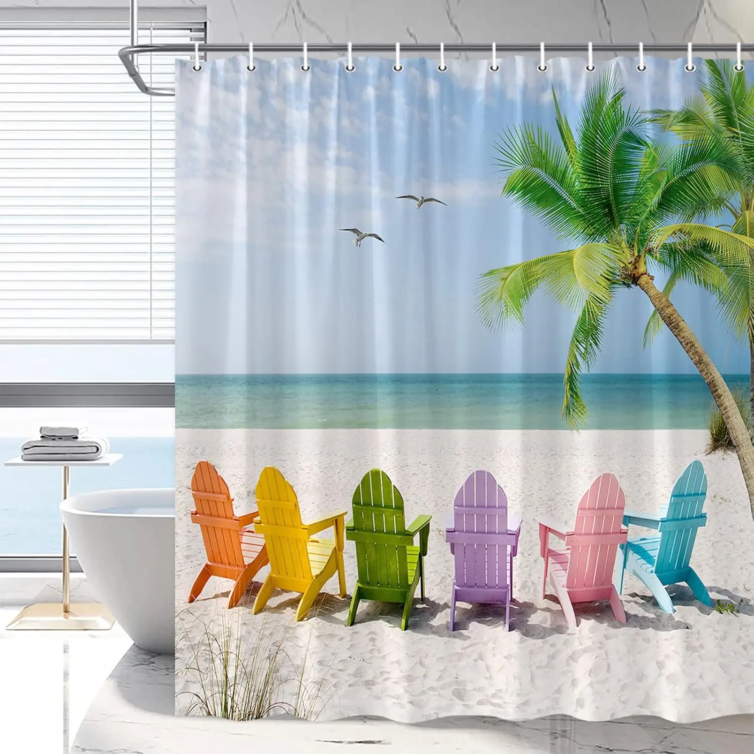 

Ocean Scenic Shower Curtain Colorful Beach Chairs Funny Bathroom Curtains Tropical Nature Landscape Summer Palm Tree Hawaiian