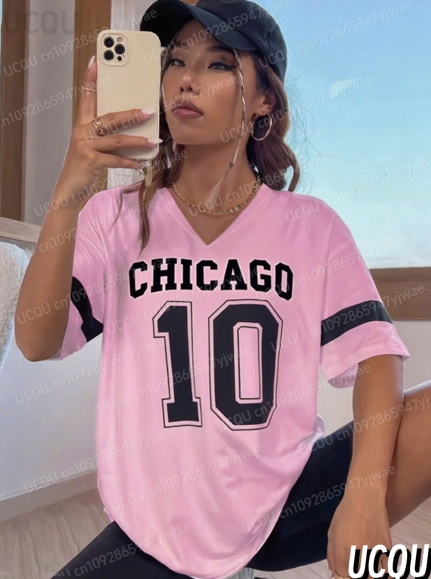 

Женская футболка с v-образным вырезом и коротким рукавом с принтом Chicago номер 10, летняя футболка, бейсбольные майки в полоску, футболка больших размеров, женская одежда