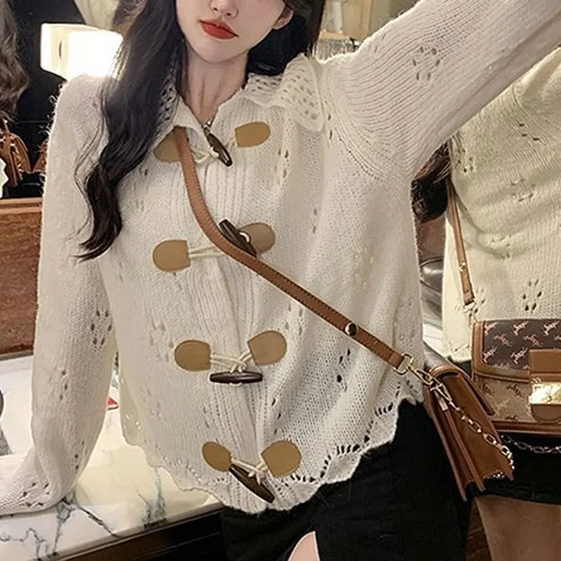 Preppy Style Hollow Out Knitted Cardigan Spring Autumn Loose Korean Women's Clothing Polo-Neck Stylish Bull Horn Buckle Sweaters