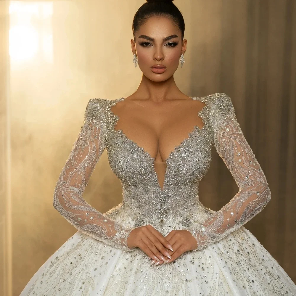 Vestidos de baile de luxo vestido de noiva querida pescoço frisado cristal vestido de casamento personalizado grande trem varredura tule vestidos de noiva