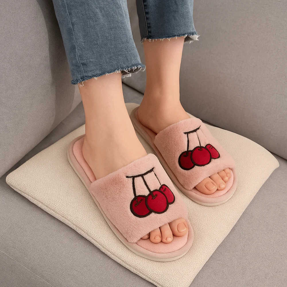 

1Pair Casual Plush Cotton Fruit Fluffy Slippers Open Toe Soft Fuzzy Women Slipper Embroidered Warm Indoor Footwear Bedroom