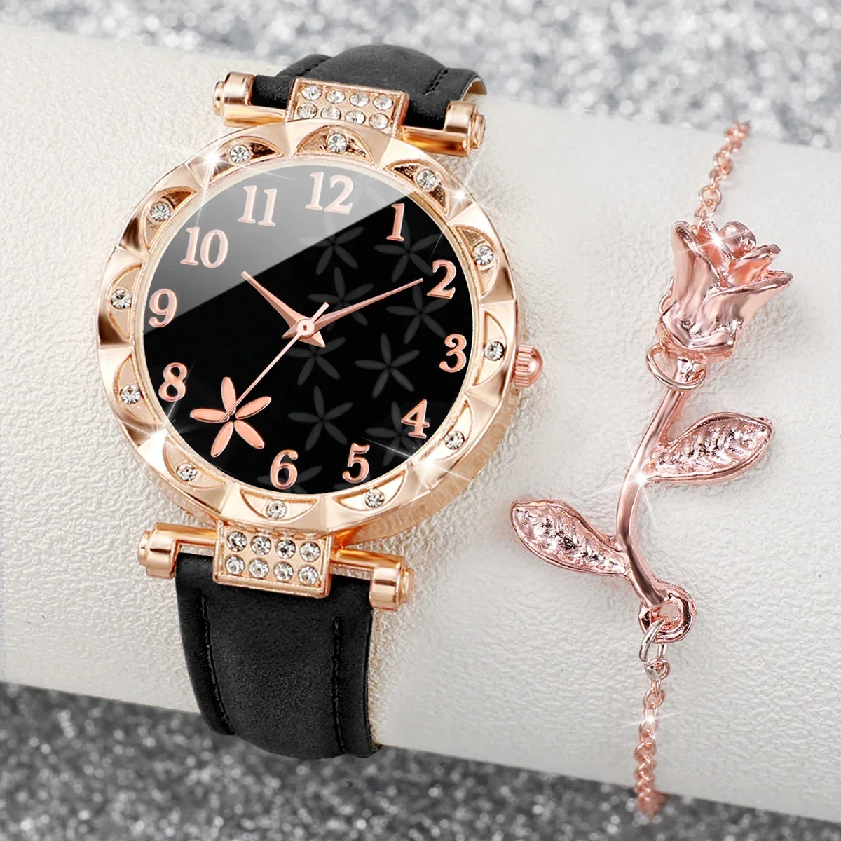 2 Pieces/Set Moda Flor Dial Women's Leather Analog Quartz Watch Rose Bracelet Set (Without Case)