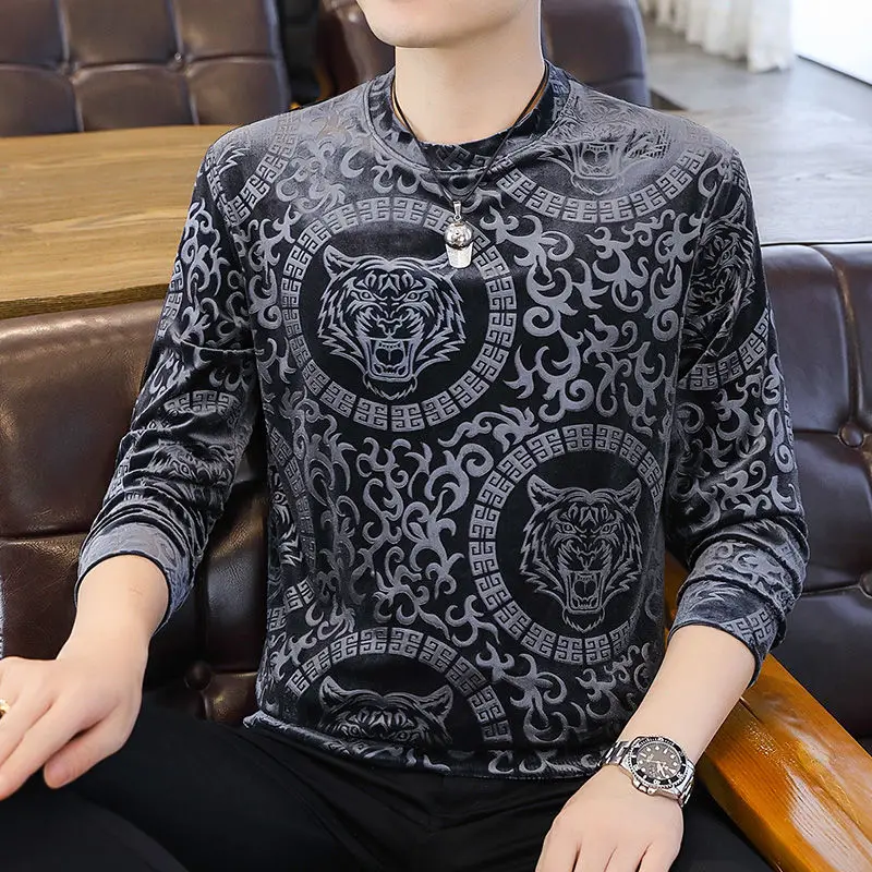 Golden Velvet T-shirt Men Clothing Long Sleeve Casual Tees Printed Pullover Male Autumn Winter Fashion Tops Camisetas