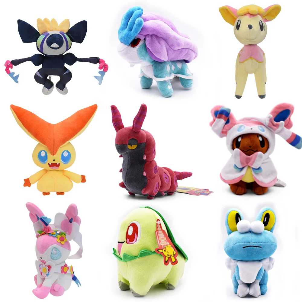 Pokemon Soft Plush Toys Raboot Lycanroc Chespin Pachirisu Exeggutor Stuffed Animal Dolls Wooloo Phanpy Celebi Fennekin Torracat