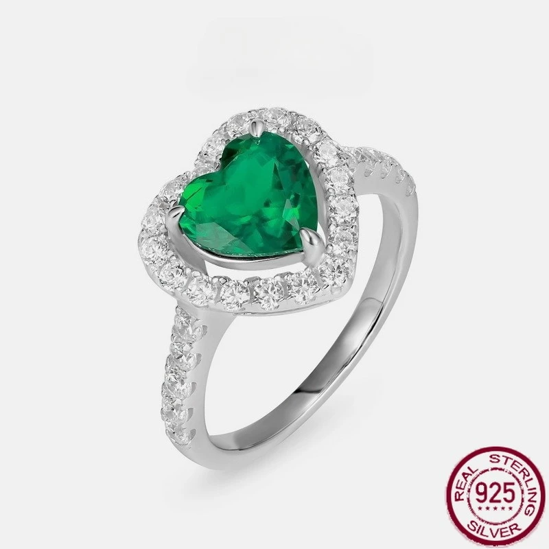 

New S925 pure silver light luxury love emerald inlaid gemstone ring European and American fashion wedding jewelry