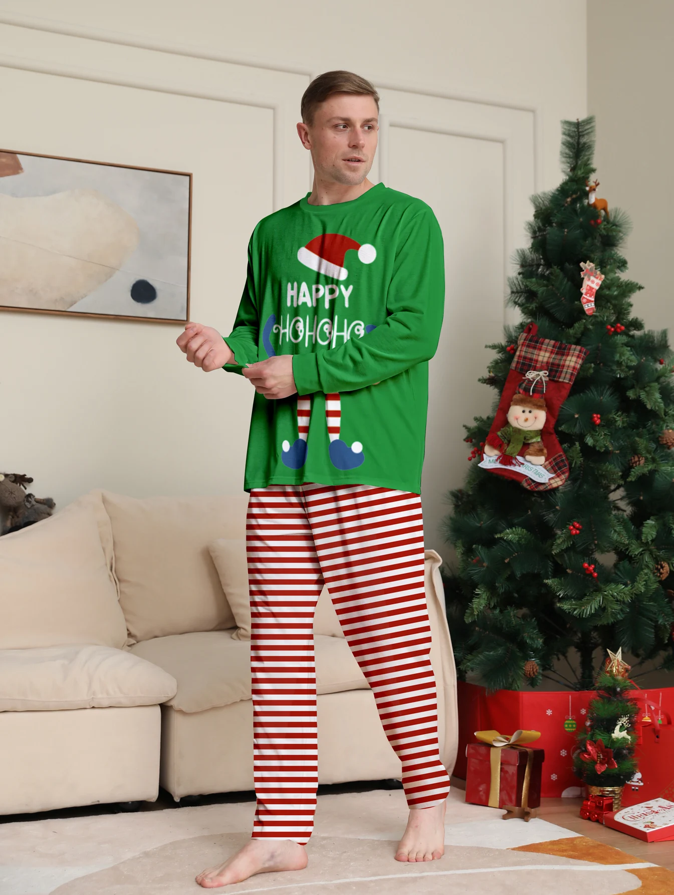 Christmas Couple Sleepwear Set Elf "Happy HoHoHo to You" Green Top Red White Striped Pajamas