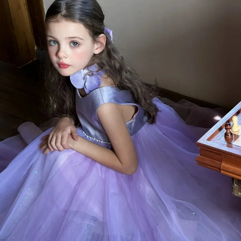 

2026 Girls Lavender Tulle Dress Princess Satin Pearl Waist Wedding Party Dress Kids Purple Mesh Long Gown Children Formal
