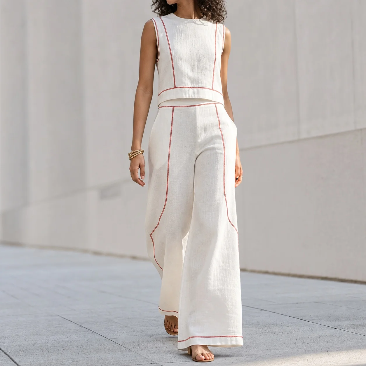Women's Matching Sets Sleeveless Color Block Cotton Blend Long Pants Two Piece Set Vest Top Casual Summer Suit with High Waist