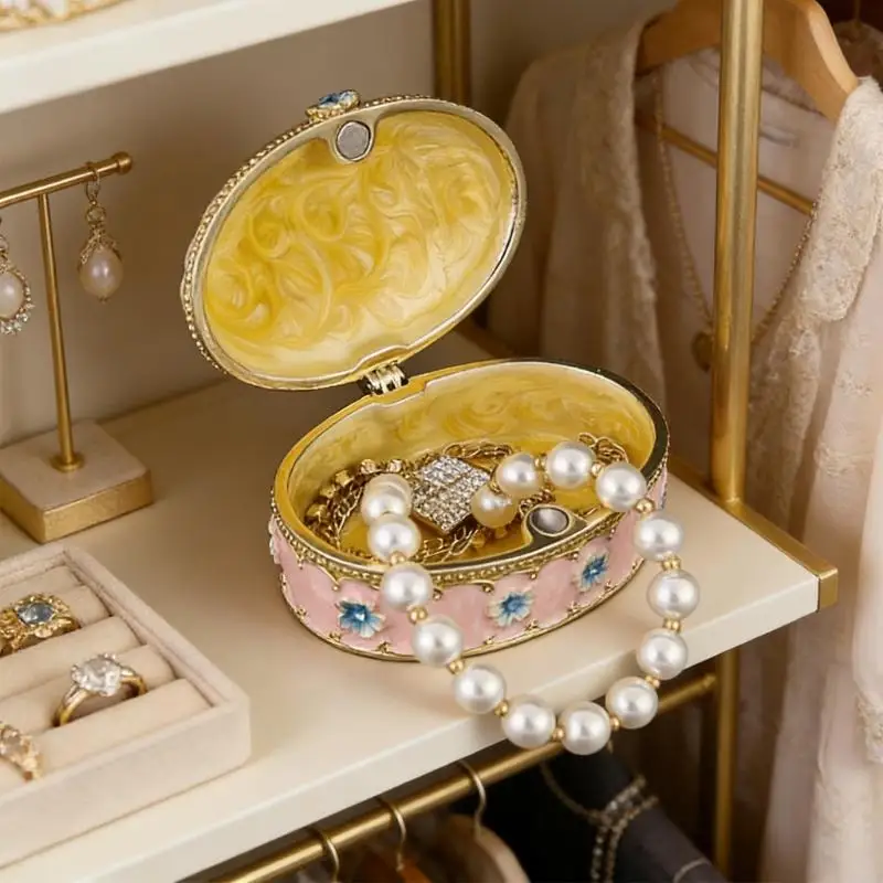 

Decorative Cherry Florals Patterned Metal Rings Display Case With Portable Travel Friendly Size
