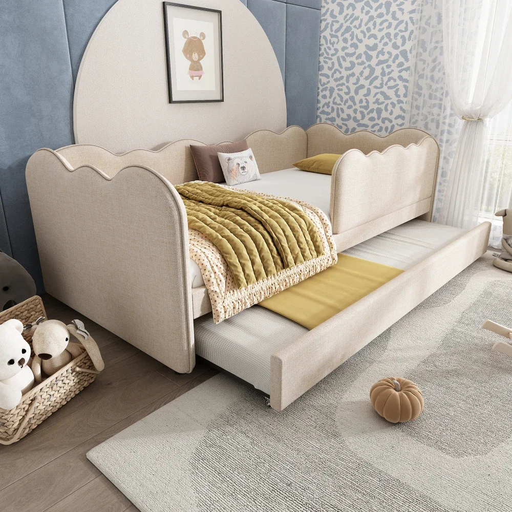 Lit de repos rembourré moderne 90x190cm, avec lit gigogne 90x190cm, lit enfant avec treillis, lin, beige, sans matelas