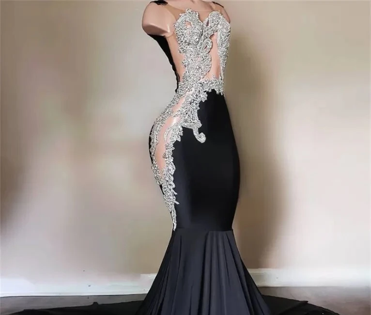 Black Mermaid Long Prom Dress 2023 Luxury Sexy Beads Sheer Top Girls Women Formal Evening Gowns for Graduation Party Customized