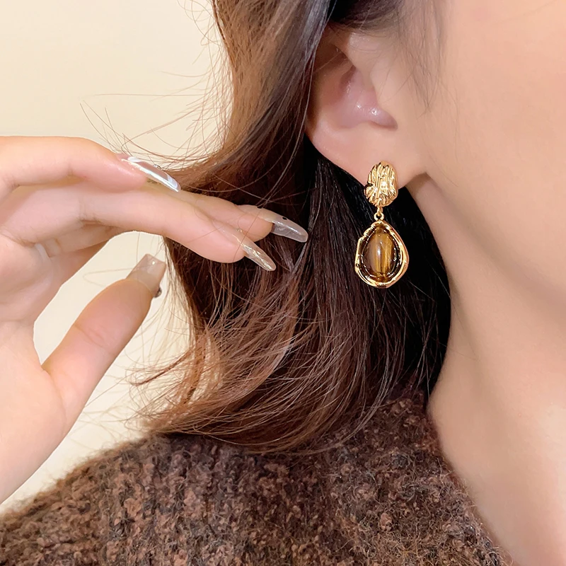 Mirad Waterdrop Tiger Eye Stone Pendant Vintage Earrings 2025 Autumn/Winter Trendy Jewelry Unusual Ear Accessories for Women