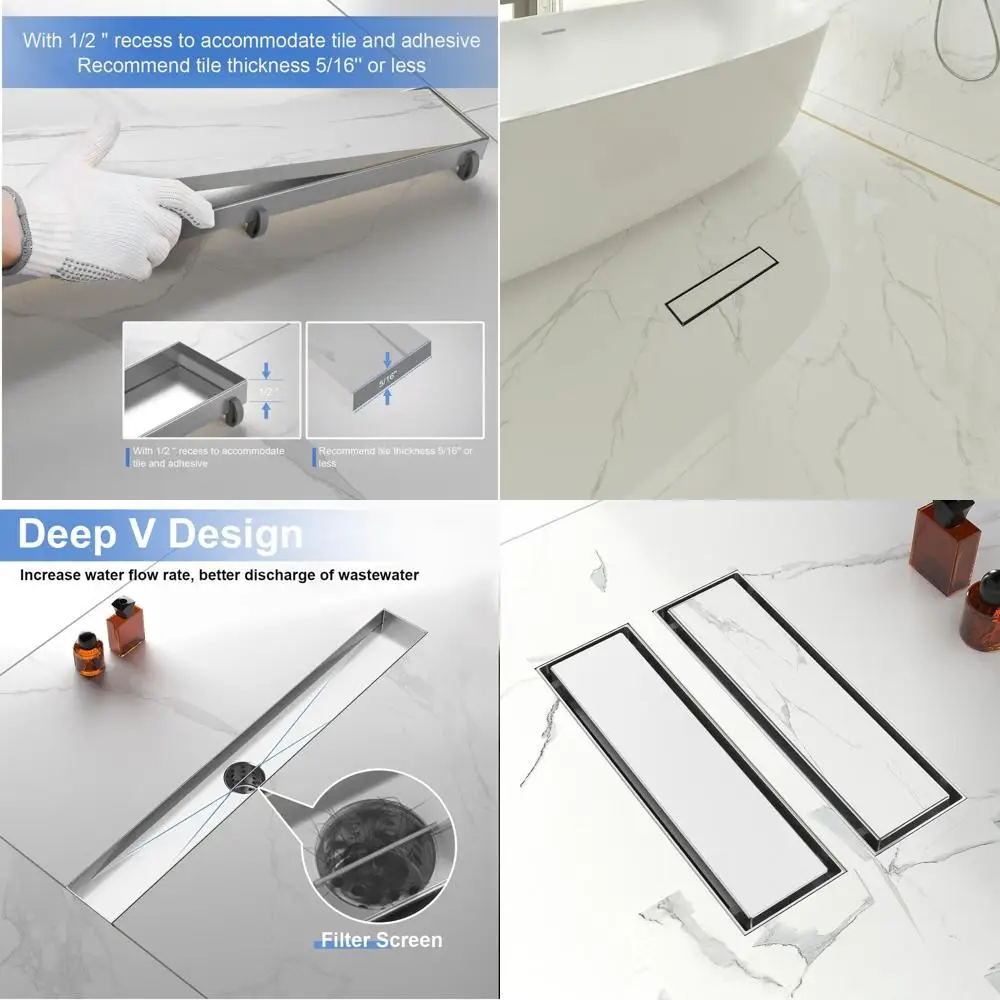 12-Inch Brushed Nickel Linear Shower Drain with Tile Insert, Stainless Steel Grate and Leveling Feet, Hair Strainer Included